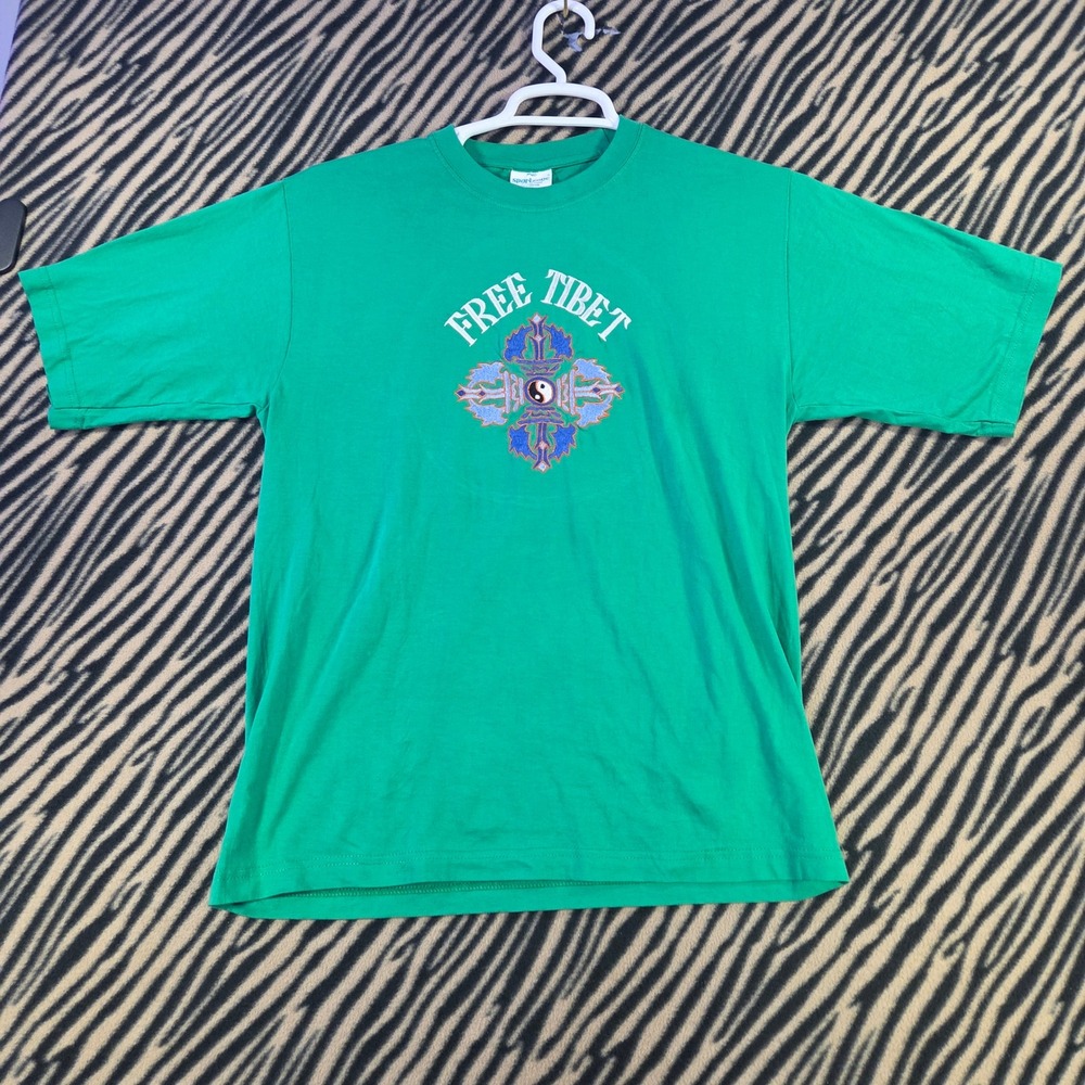 Vintage 80s 90s Free Tibet T Shirt BNC Sportzone Green Embroidered Yin Yang L